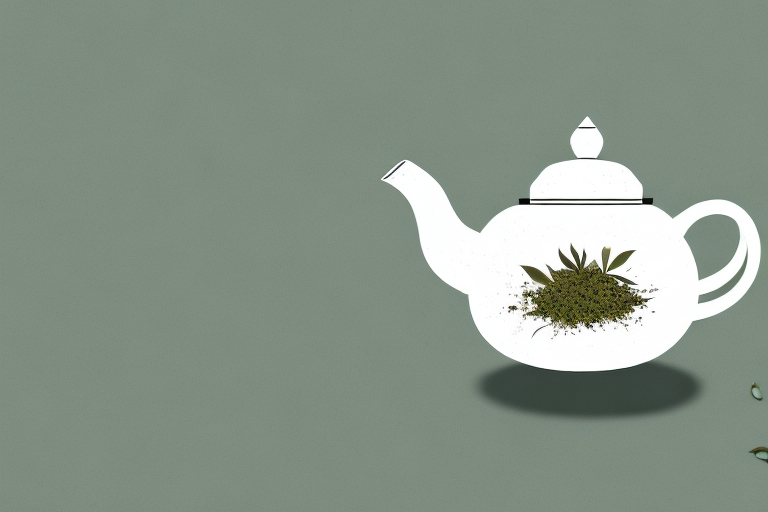 A ceramic teapot with various tea leaves and herbs around it