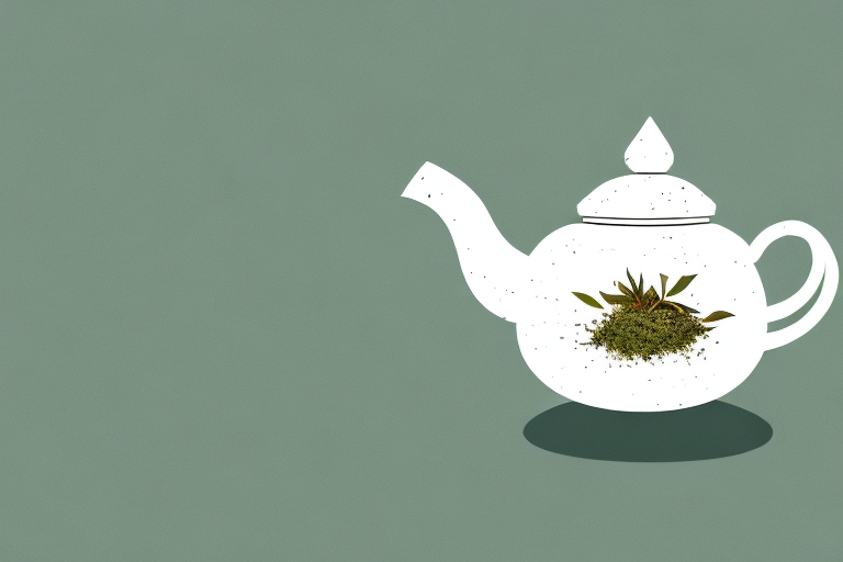 A ceramic teapot with a variety of different tea leaves and herbs spilling out of it