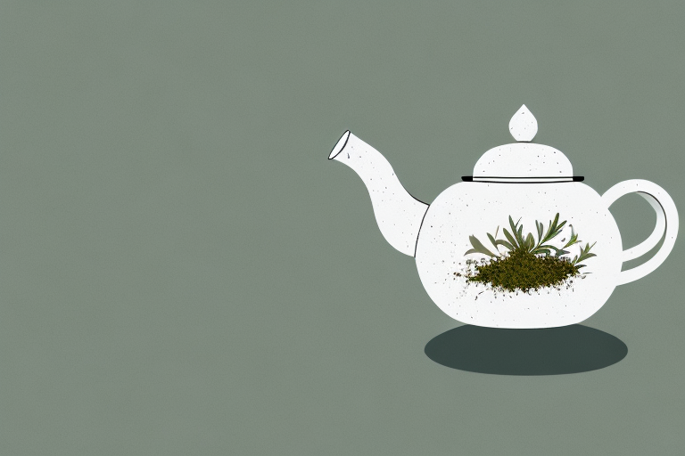 A ceramic teapot with a variety of tea leaves and herbs around it