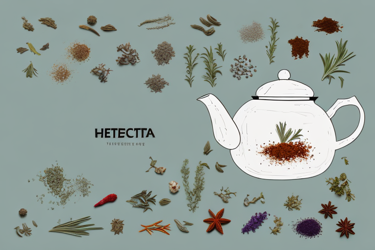 A ceramic teapot with a selection of herbs and spices around it