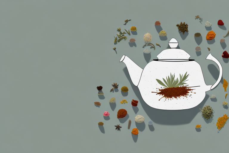 A ceramic teapot with a variety of herbs and spices around it