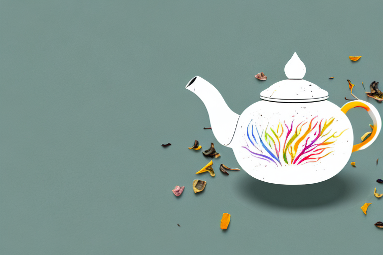 A ceramic teapot with a variety of colorful tea leaves spilling out of it