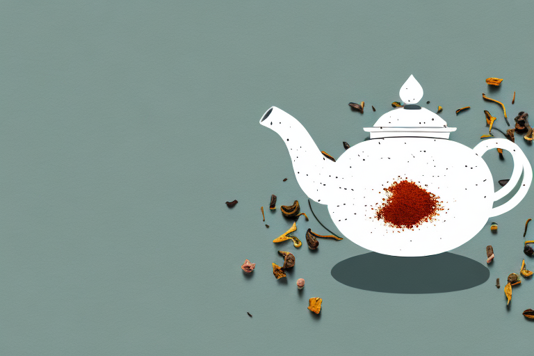 A ceramic teapot with various tea leaves and spices around it