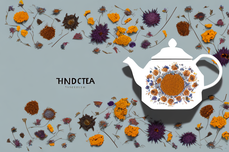A ceramic teapot with dried flowers inside