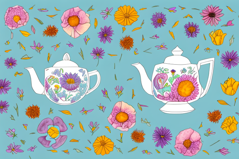 A ceramic teapot with a variety of colorful flowers around it