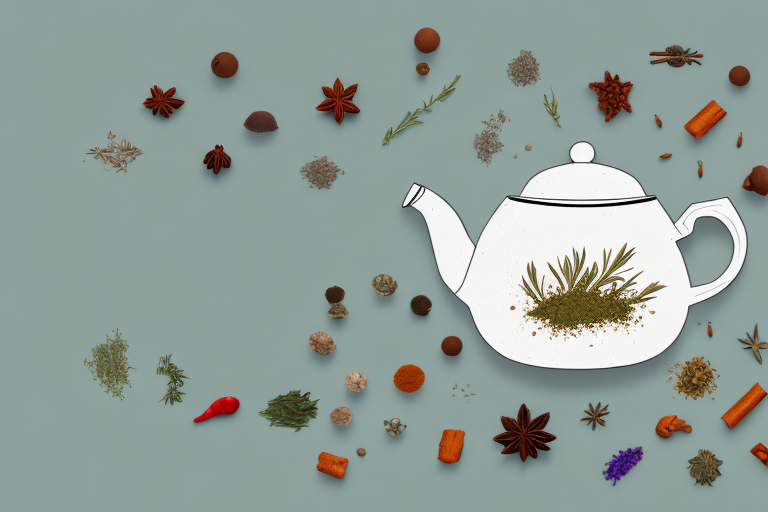 A ceramic teapot with various herbs and spices around it