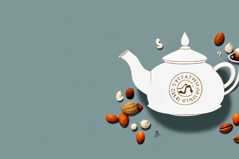 A ceramic teapot with a variety of nuts and tea leaves around it