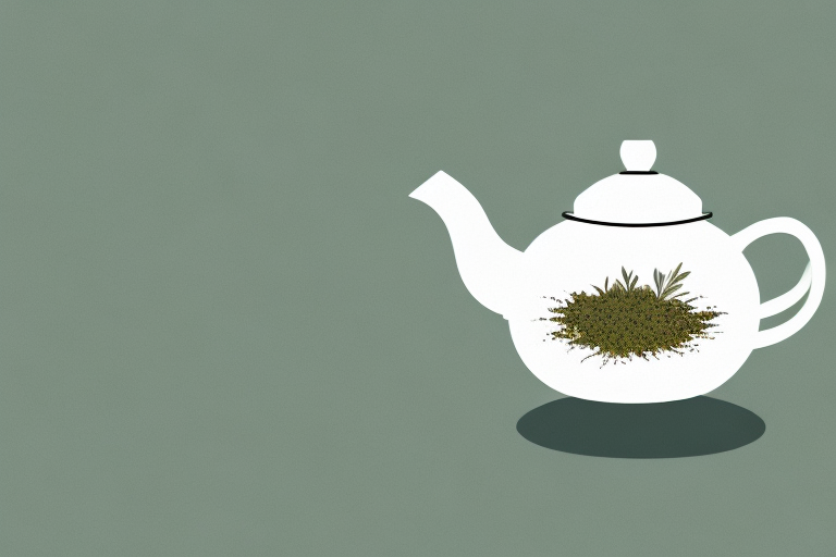 A ceramic teapot with a variety of tea leaves and herbs around it