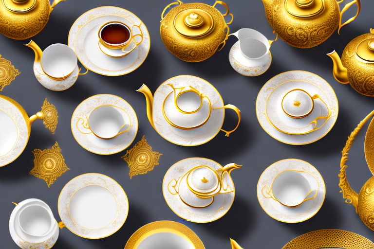 An assortment of intricately designed golden tea sets