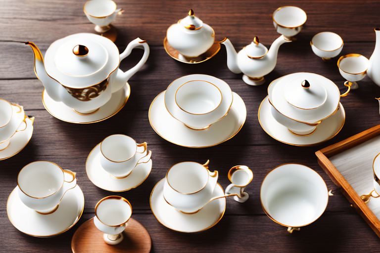 A variety of elegant tea sets displayed on a rustic wooden table
