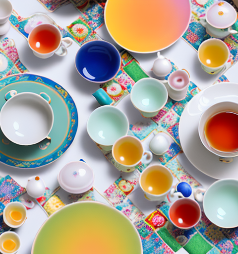 A colorful porcelain tea set with small cups