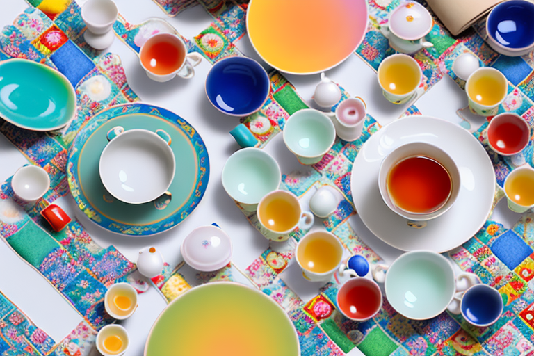 A colorful porcelain tea set with small cups