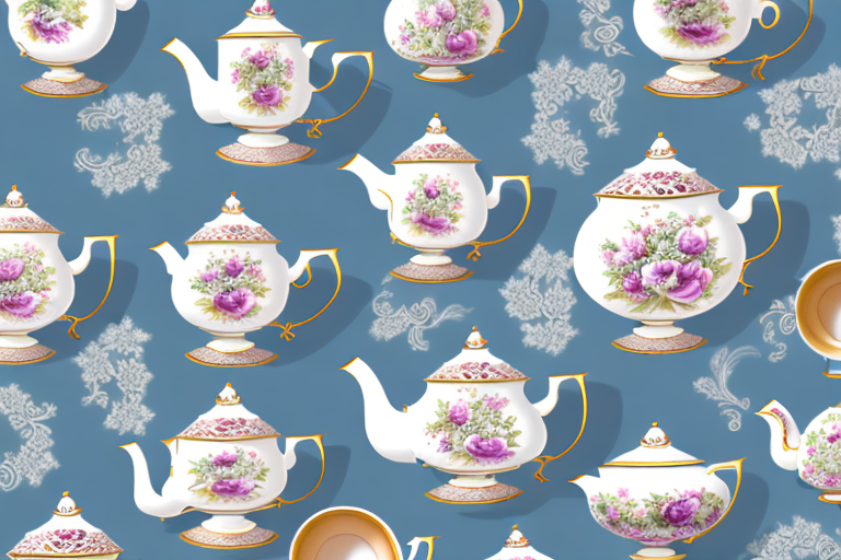 Several elegant tea pot sets in various designs and colors