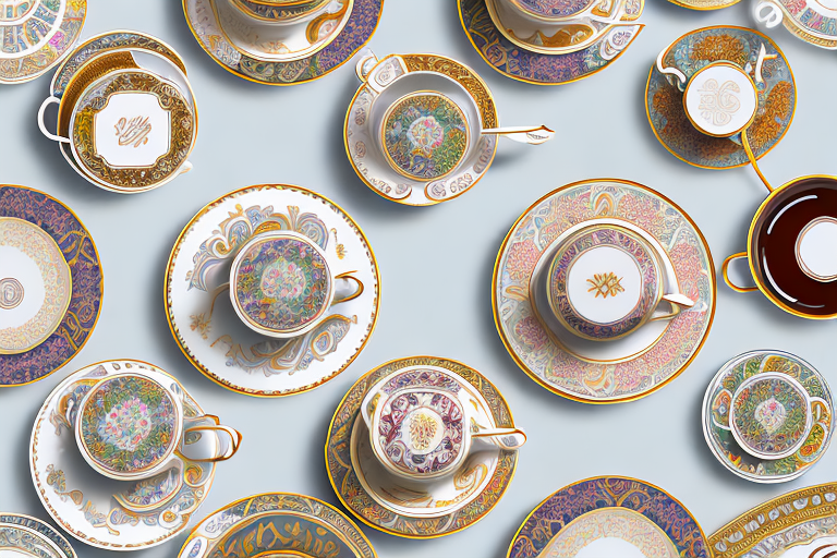 A variety of ornate tea cups and saucers arranged artistically