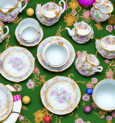 Several ornate porcelain child tea sets arranged on a beautifully set table