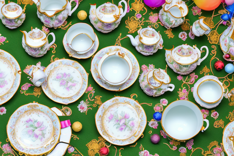 Several ornate porcelain child tea sets arranged on a beautifully set table