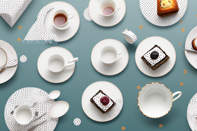 A variety of elegant polka dot tea sets arranged on a beautifully set table