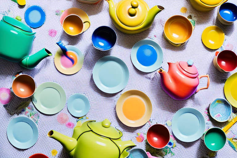 A colorful assortment of children's plastic tea sets