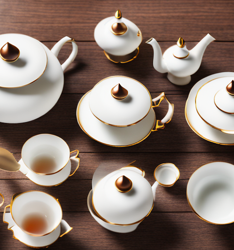 A variety of elegant wholesale tea sets arranged on a rustic wooden table