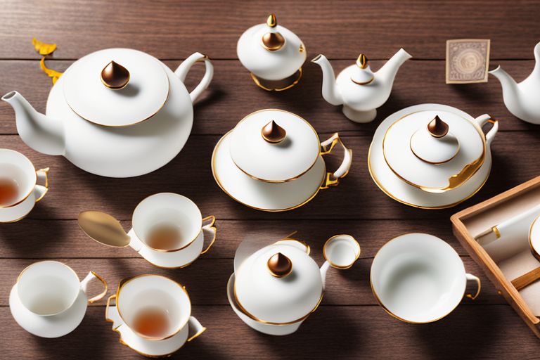 A variety of elegant wholesale tea sets arranged on a rustic wooden table