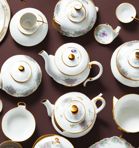 Several elegant porcelain teapots of different designs and colors