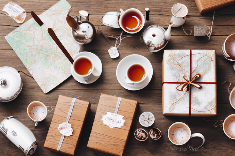 A variety of beautifully arranged tea gift sets on a rustic wooden table