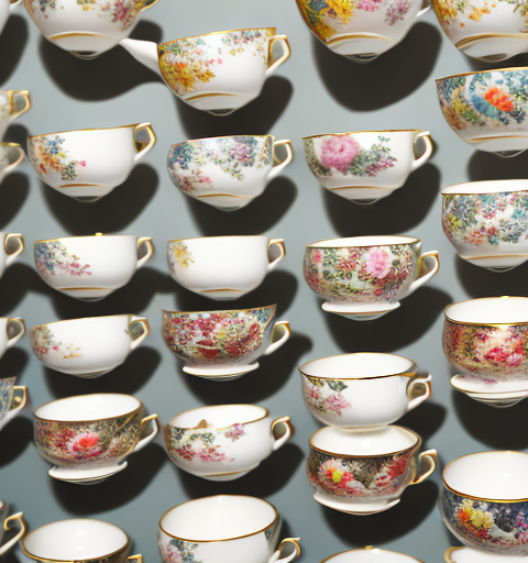 A variety of tea cup sets arranged on a shelf