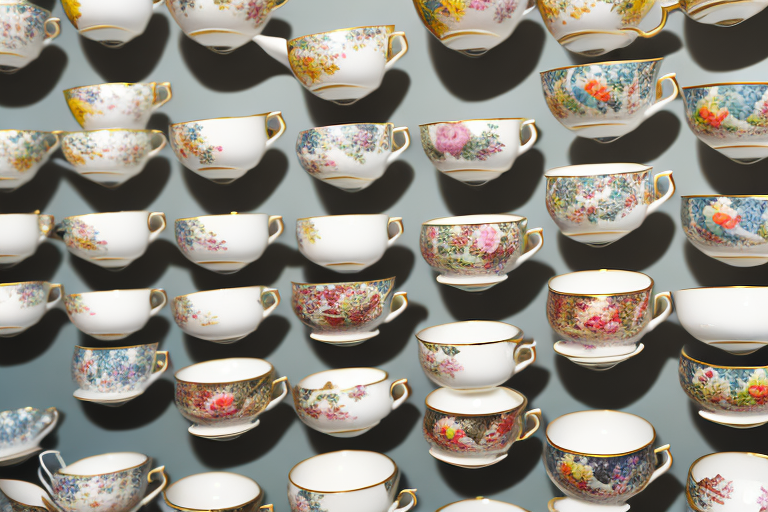 A variety of tea cup sets arranged on a shelf