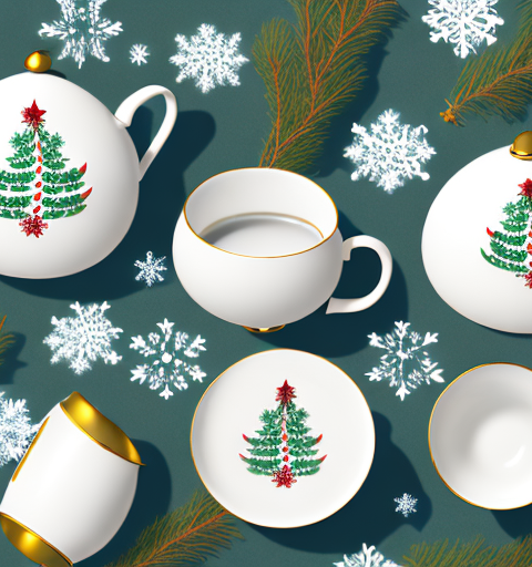 An elegantly designed tea set with a festive holiday backdrop
