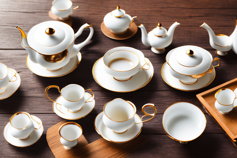 A variety of elegant tea sets displayed on a rustic wooden table