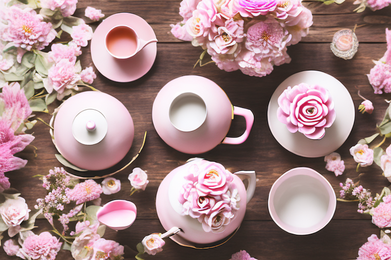 A variety of beautiful pink tea sets arranged on a rustic wooden table