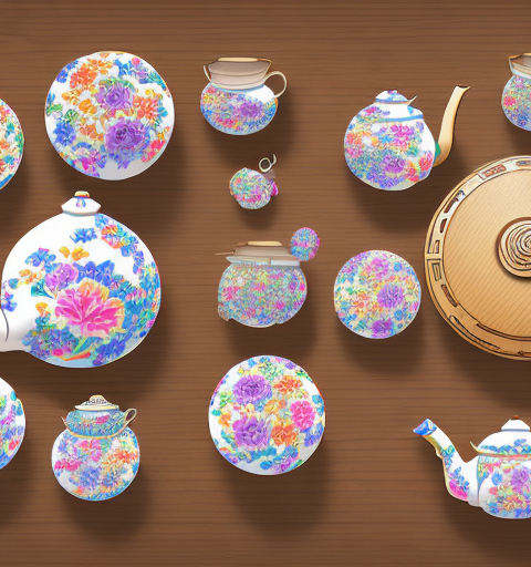 A variety of genshin-inspired teapot sets arranged on a rustic wooden table