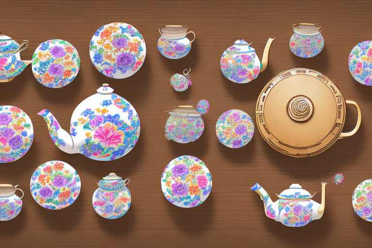 A variety of genshin-inspired teapot sets arranged on a rustic wooden table