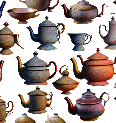 A variety of antique teapots displayed on a digital tablet screen
