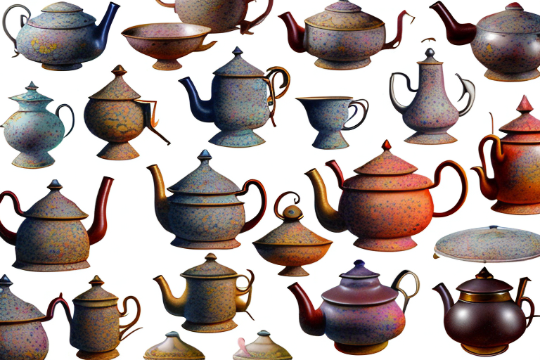 A variety of antique teapots displayed on a digital tablet screen