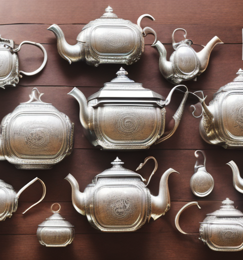 A variety of antique silver teapots