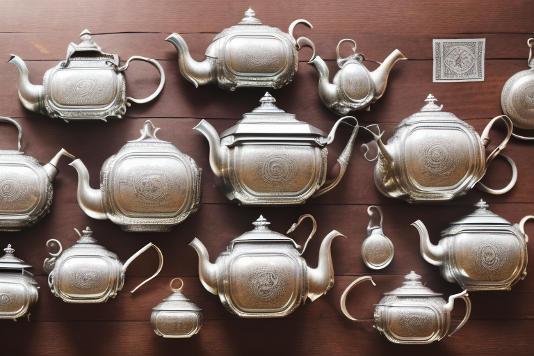 A variety of antique silver teapots