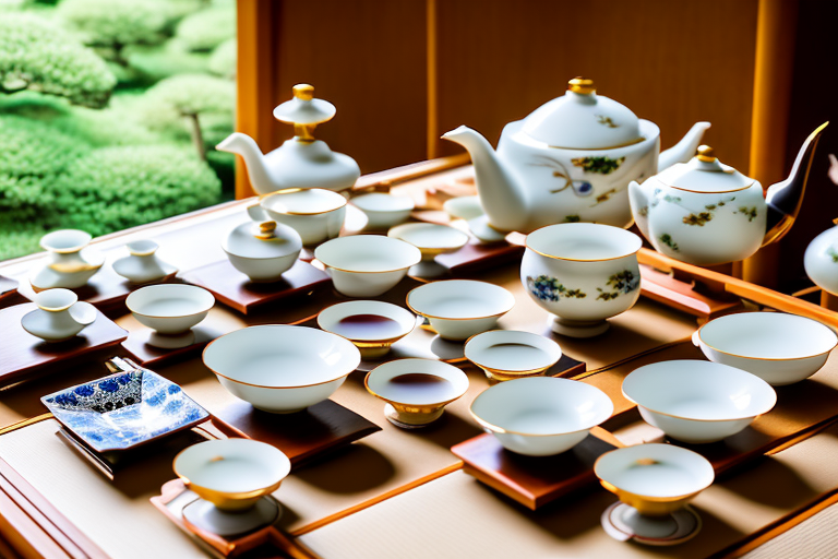 Several elegant japanese tea sets displayed on a traditional low table